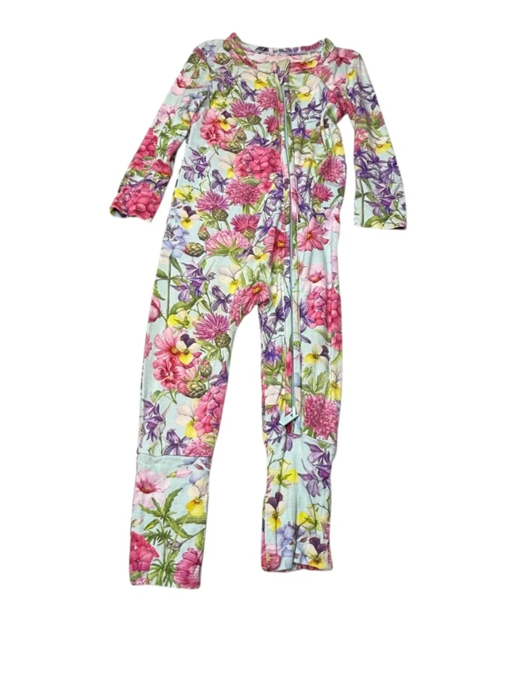 Posh Peanut Floral Zip-Front Onesie in Mint with Pink Blooms